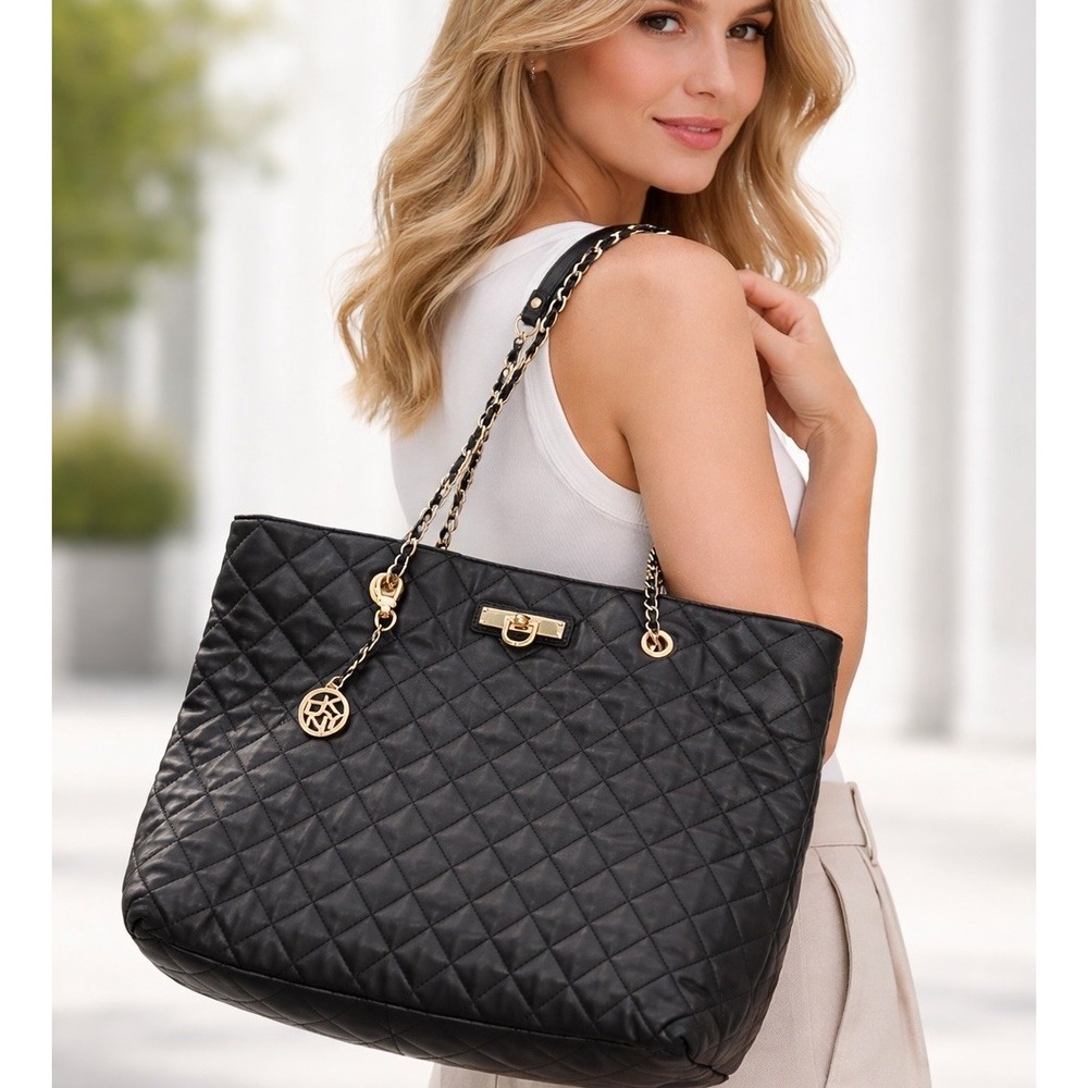 DKNY Shoulder Bag Quilted Black Soft Lambskin Leather Tote Gold Chain Strap Logo
